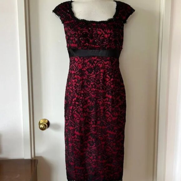 Tadashi Shoji Cherry Red Dress w Black Lace Overlay Sz 6 GUC - Picture 1 of 2